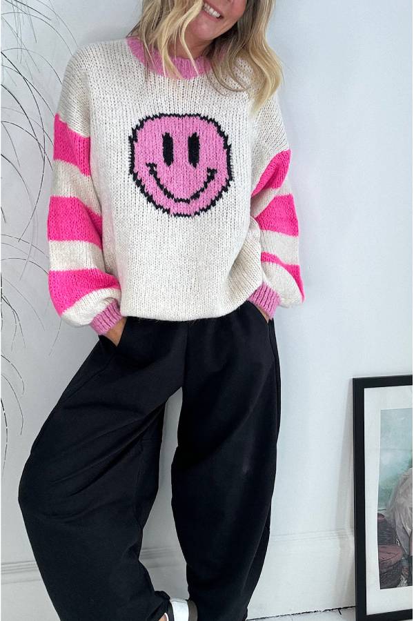 Positivity and Warmth Knit Happy Face Contrast Color Loose Sweater