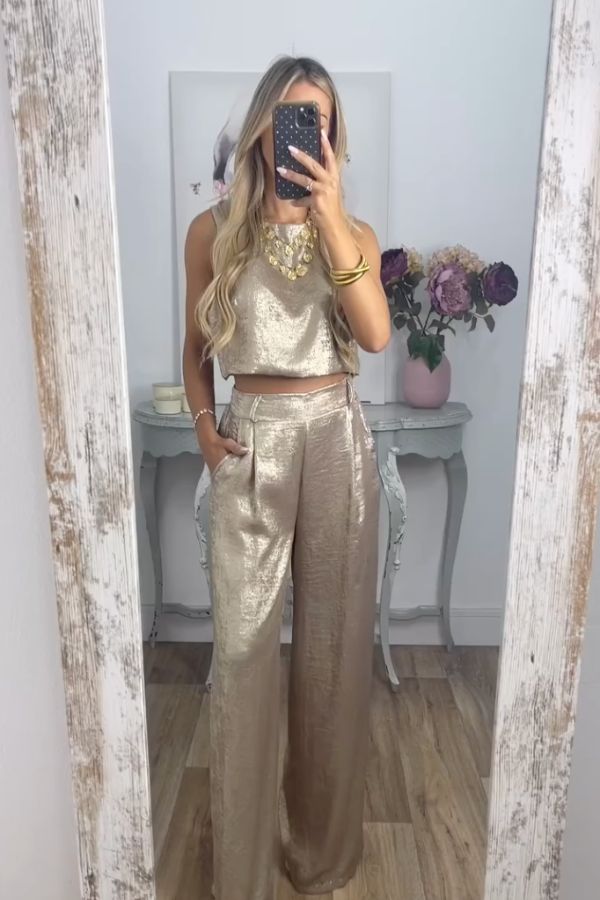 Rita Metallic Fabric Back Buttons Crop Tank and Elastic Waist Pocketed Wide Leg Pants Set