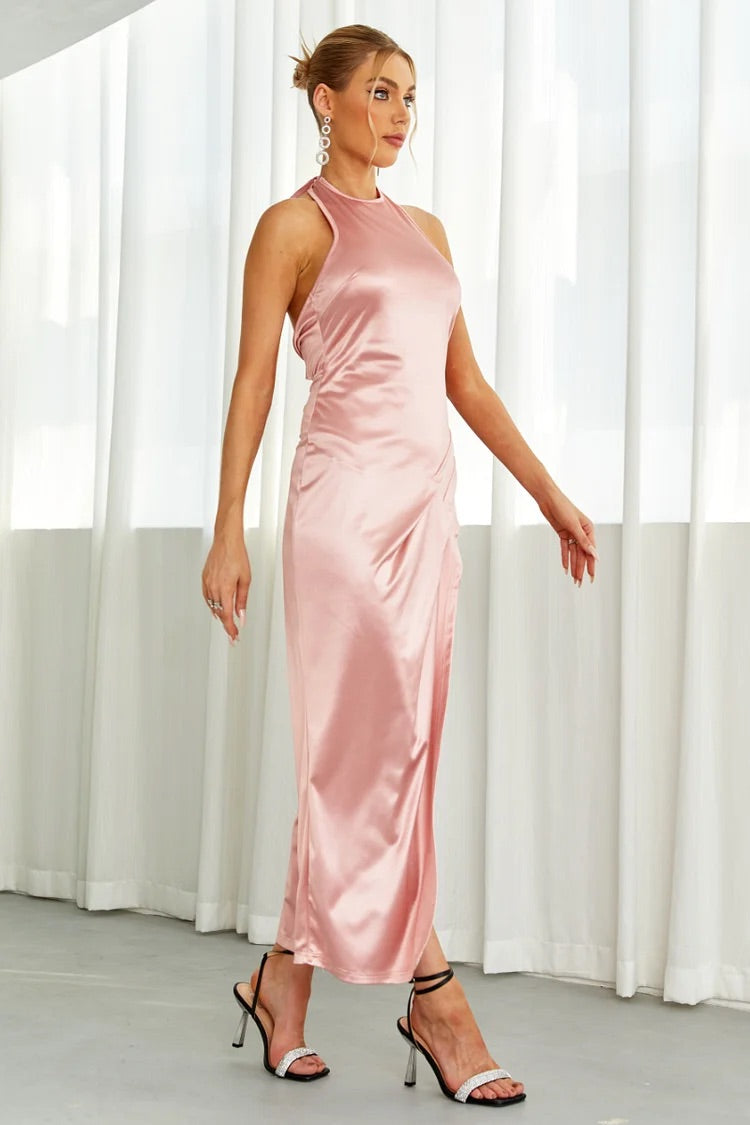 Halterneck Open Back Slit Wedding Guest Maxi Dresses