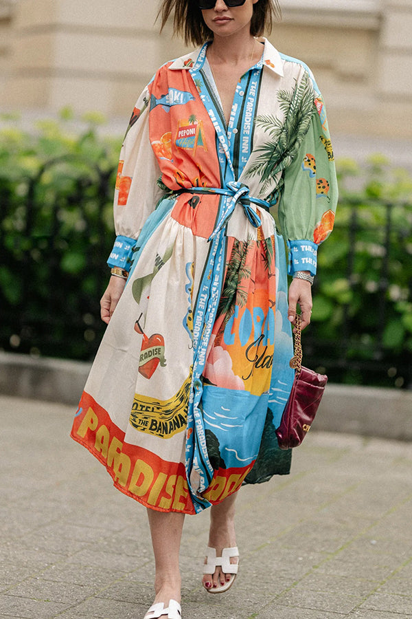 Unique Printed Lantern Sleeve Drawstring Shirt Resort Style Midi Dress