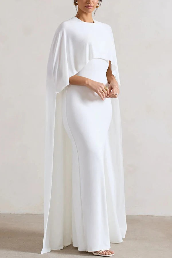 Charming Look Crew Neck Cape Sleeve Stretch Maxi Dress