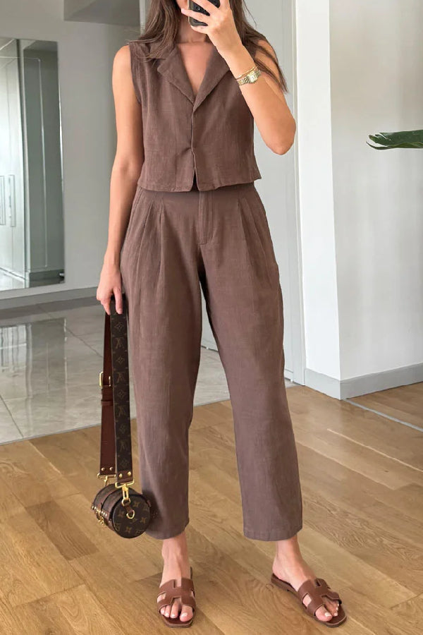 Casual Solid Lapel Vest & Pants Cotton Linen Two-piece Set