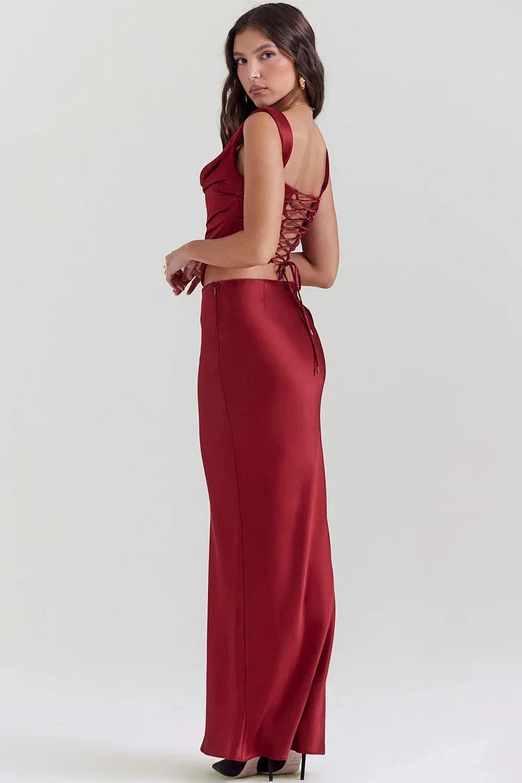 Square Neck Lace Up Sleeveless Top Bodycon Satin Maxi Skirt Formal Party Matching Set-Red