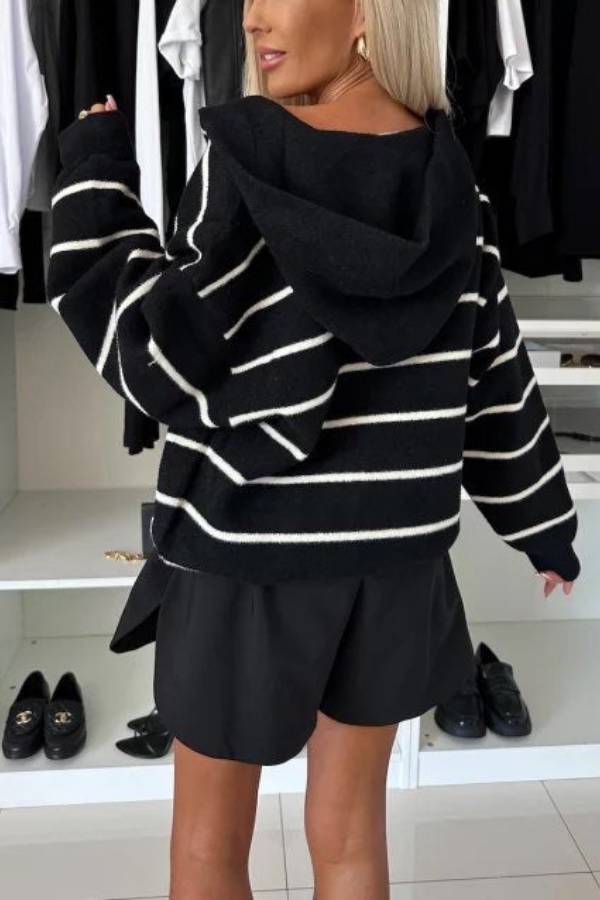 Fashion and Comfort Knit Striped Button Up Pocketed Loose Hooded Cardigan