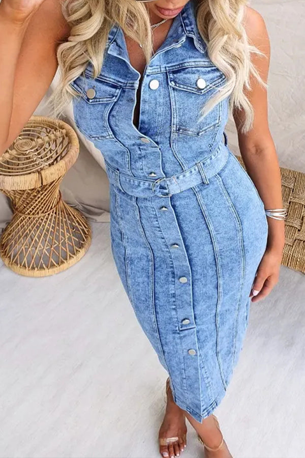 Lioness Nyc Denim Button Up Belted Back Zipper Halter Midi Dress