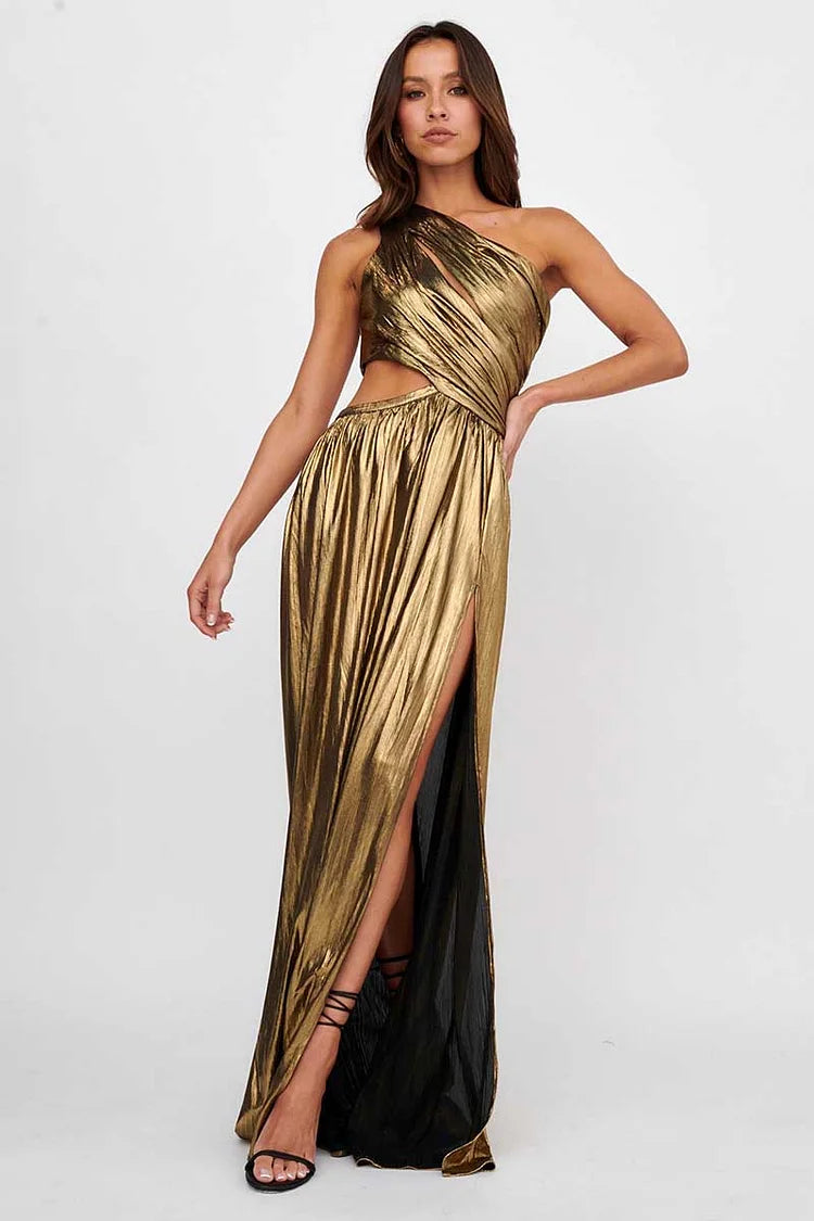 Sheen Metallic Finish One Shoulder Cut Out High Slit Formal Party Maxi Dresses-Gold