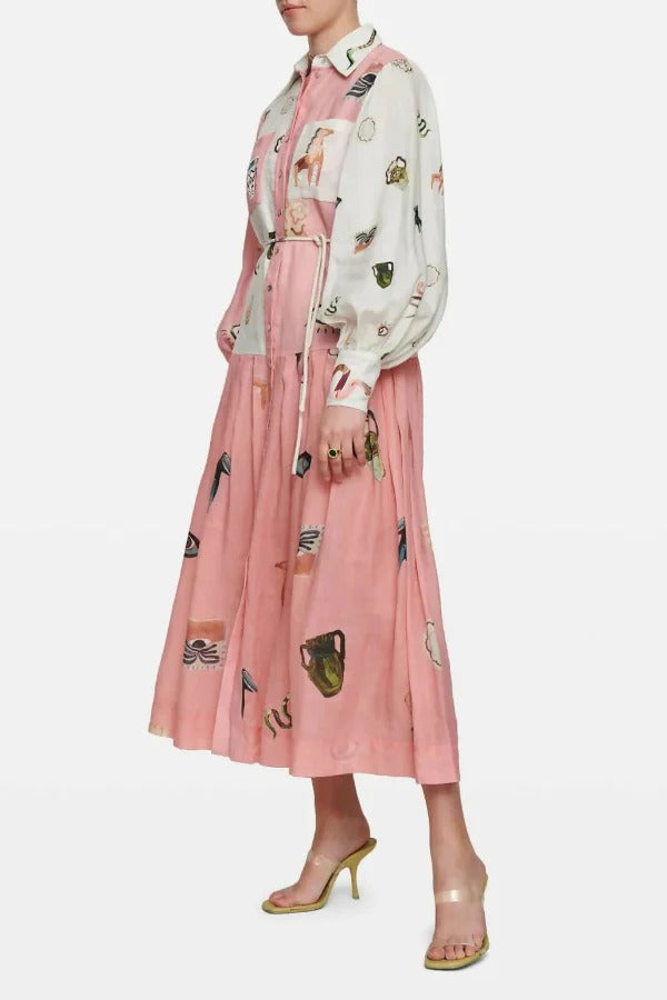 Playful Design Unique Print Balloon Sleeve Pocket Belt Shirt Midi Dress