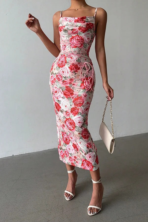 Floral Print Sexy Halter Back Slim Fit Lace Up Midi Dress