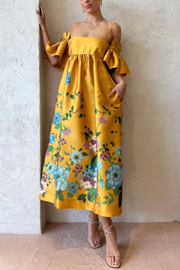 Sweetest Marigold Printed Gathered Sleeve Pocketed A-line Midi Dress