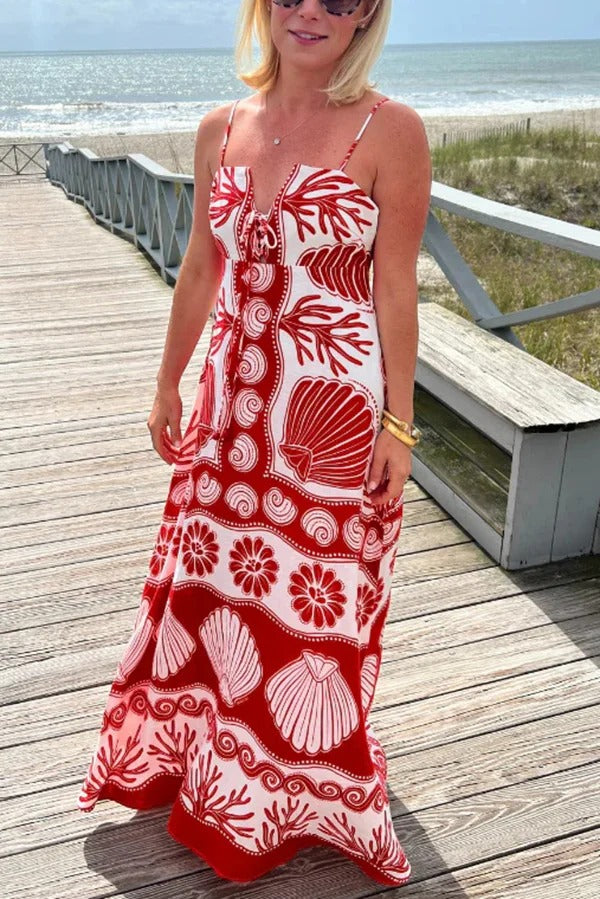 Beautiful Shell Unique Print Front Lace-Up Loose Maxi Dress