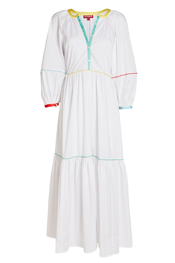 White Cotton Poplin Puff Sleeve Loose Mid-length Dress