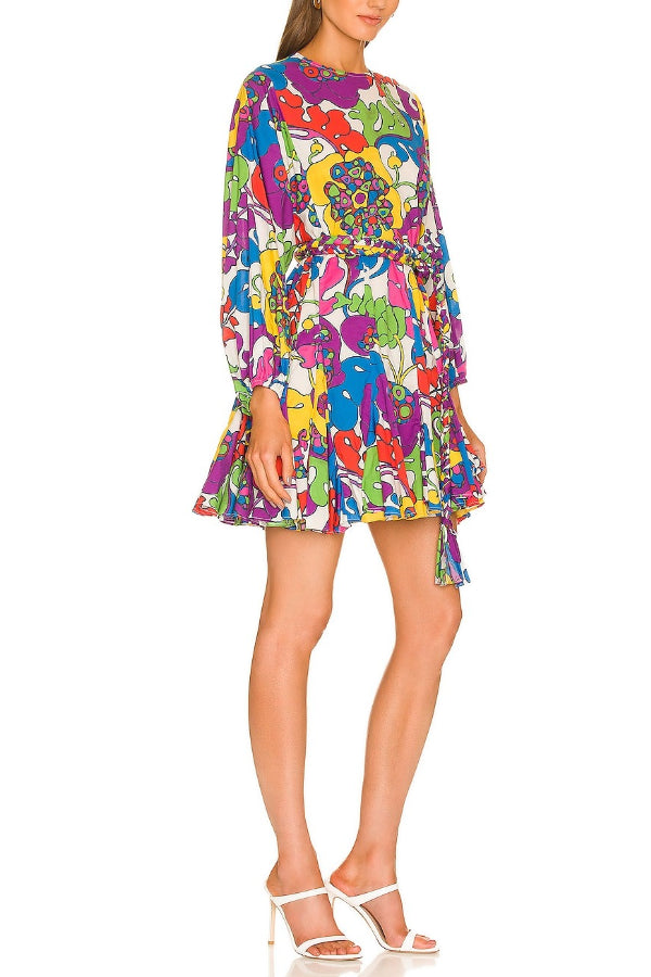 Zola Unique Print Balloon Sleeve Braid Belt Pleated Mini Dress