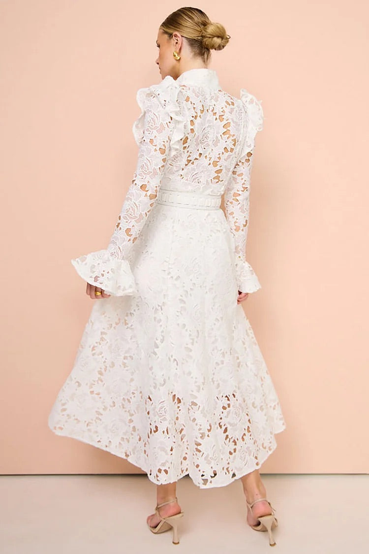 Lace Ruffled Trim Long Sleeve A-Line Midi Dresses-White