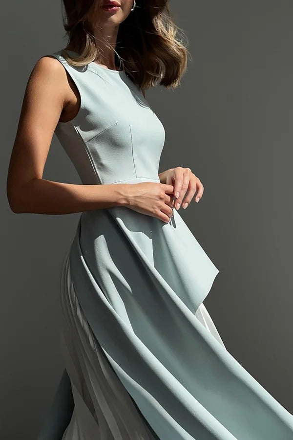 Calm and Elegant Pleated Patchwork Irregular Hem A-line Midi Dress