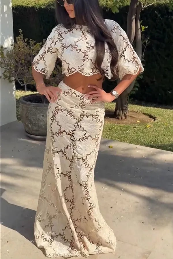 Modern Allure Floral Embroidery Lace Bell Sleeve Crop Top and High Rise Flare Maxi Skirt Set