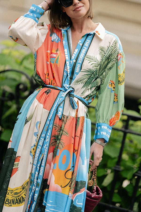 Unique Printed Lantern Sleeve Drawstring Shirt Resort Style Midi Dress