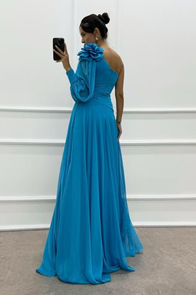 One Sleeve Shoulder Detail Design Evening Dress