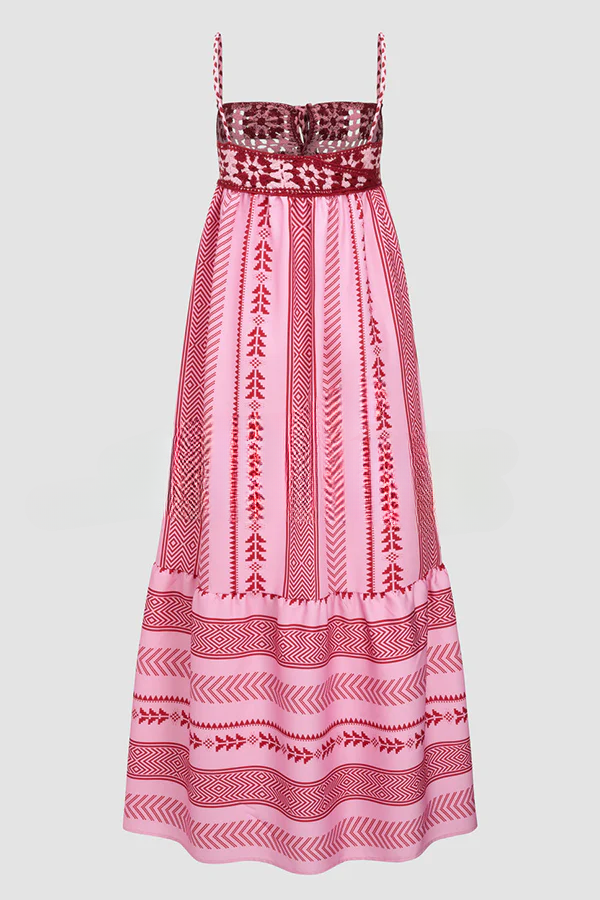 Unique Printed Patchwork Fringed Lace-up Maxi Dress