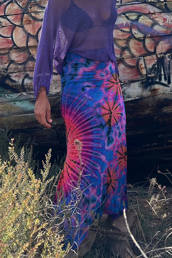 Preston Tie-dye Print Ruched Waist Stretch Slit Maxi Skirt