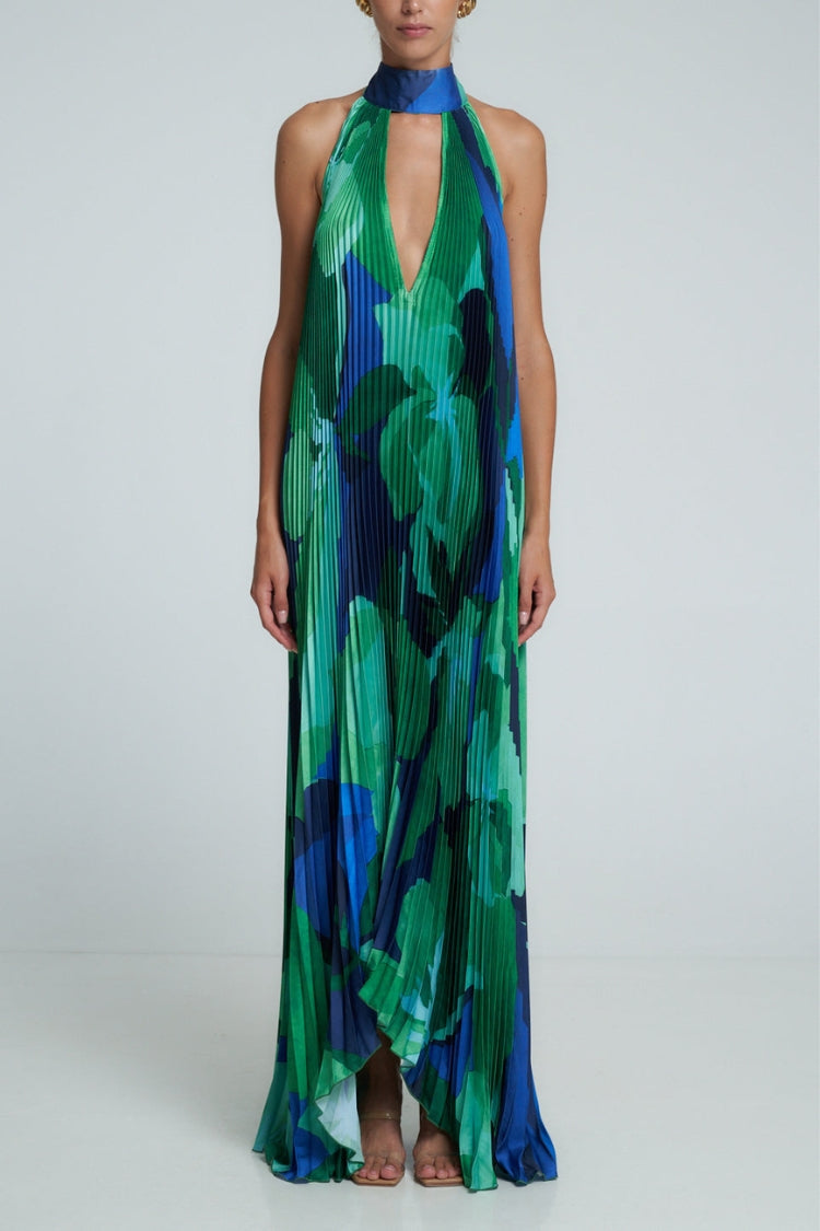 Opera Pleated Colorblock Camouflage Print Cutout Halter A-line Maxi Dress