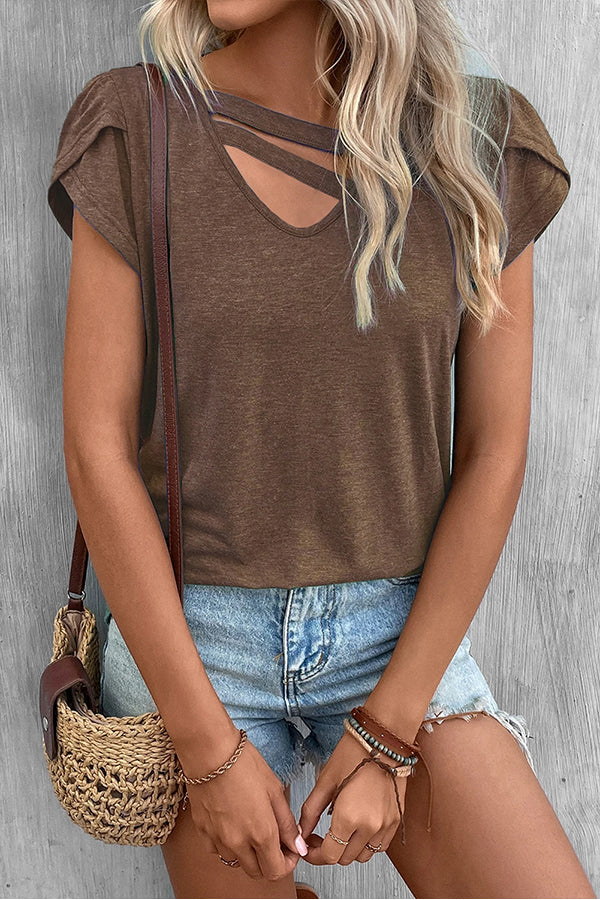 Solid Color Casual Cutout Neck T Shirt