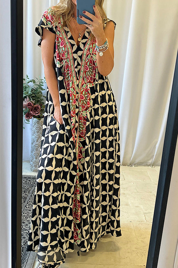 Stroll The Avenues Boho Printed Pocket A-line Maxi Dress