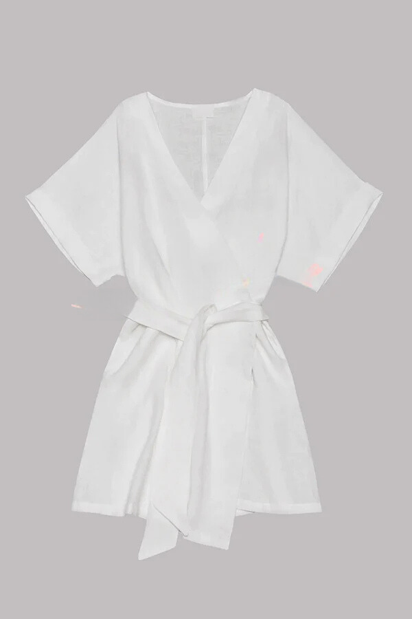 Cotton Linen Blend Pocketed Belt Kimono Mini Dress