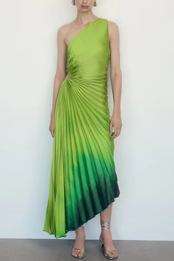 Lawn Wedding Pleated Gradient Print One Shoulder Cutout Maxi Dress