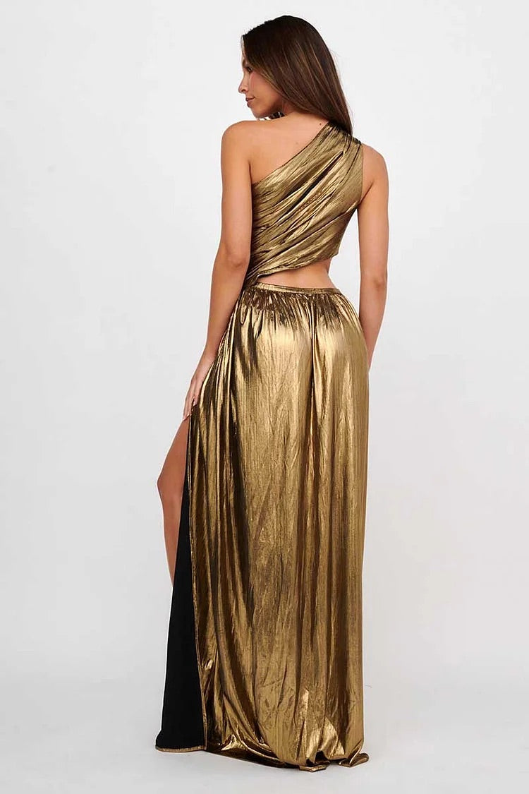 Sheen Metallic Finish One Shoulder Cut Out High Slit Formal Party Maxi Dresses-Gold