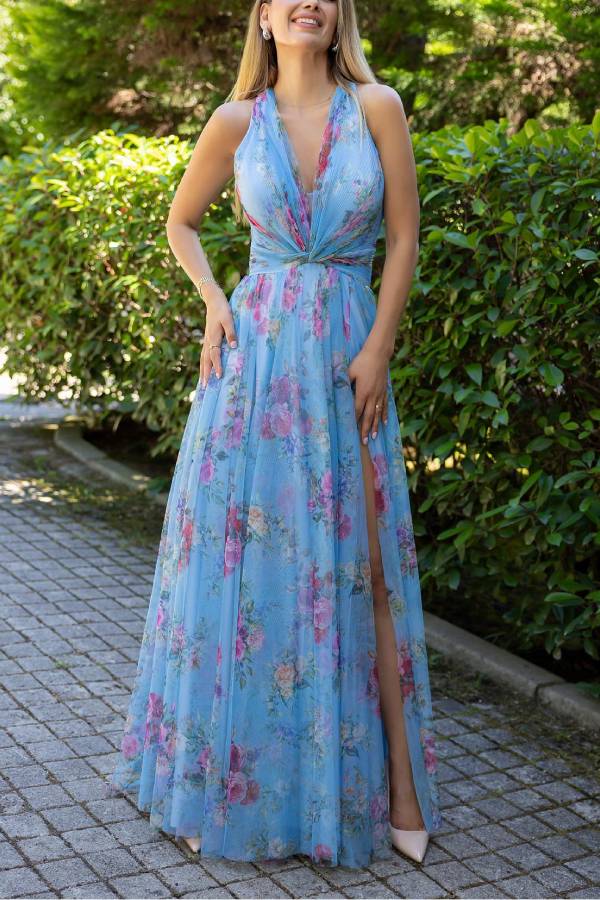 Autumn Romantic Floral Tulle Twist Detail Backless Slit Formal Maxi Dress