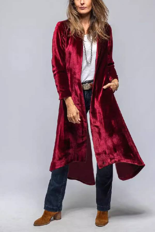 Vintage Velvet Long Loose Pocket Slit Coat