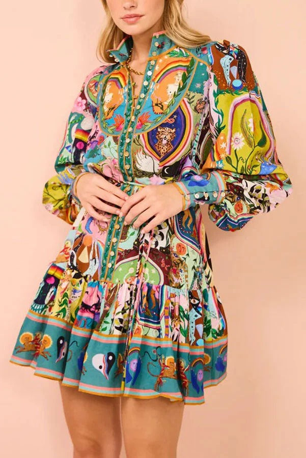 Touch of Luxury Unique Print Balloon Sleeve Button Shirt Mini Dress