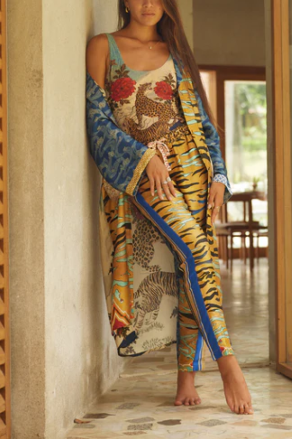 Tropical Jungle Tiger Unique Print Long Sleeve Belt Pocketed Kimono Coat