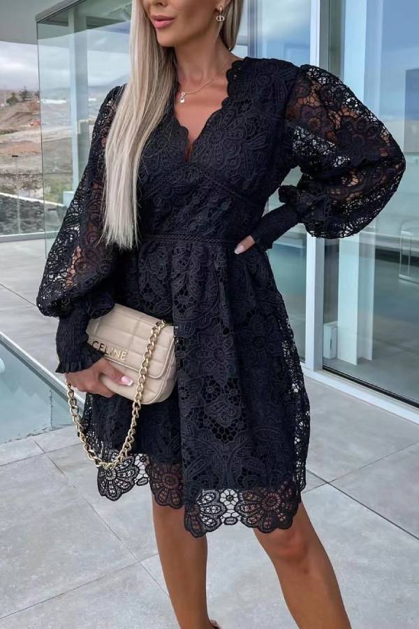 Sexy hollow water-soluble lace lace temperament commuter dress