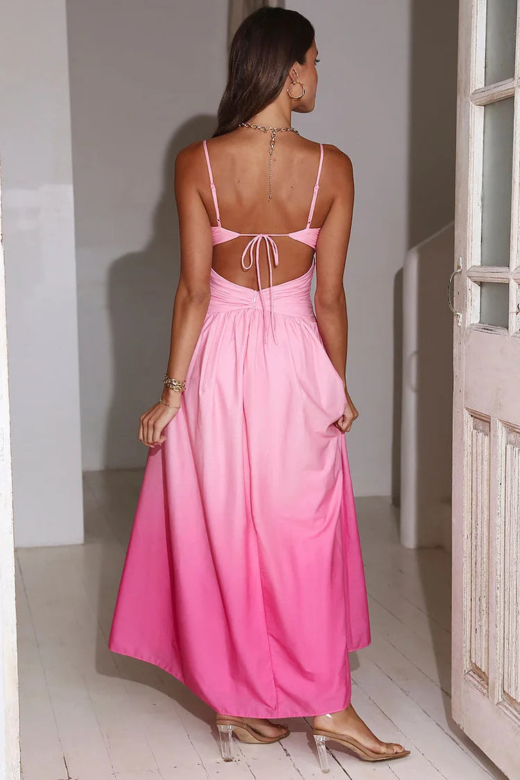 Gradient Color V Neck Backless Prom Slip Maxi Dresses