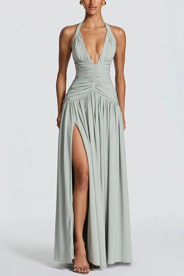 Amaris Halter Tie-up V-neck Ruched Detail Back Lace-up Slit Drape Maxi Dress