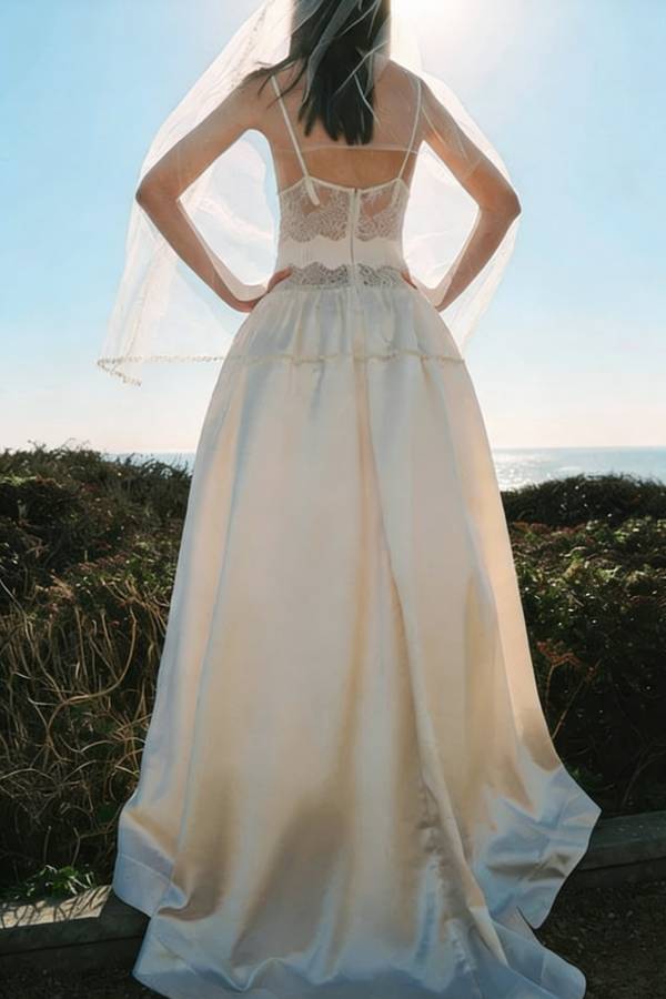 Delicate and Exquisite Satin Lace Patchwork Slip Bridal Gown Maxi Dress