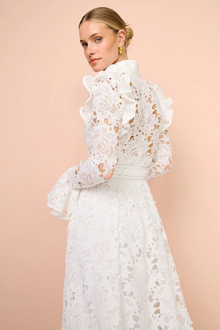 Lace Ruffled Trim Long Sleeve A-Line Midi Dresses-White