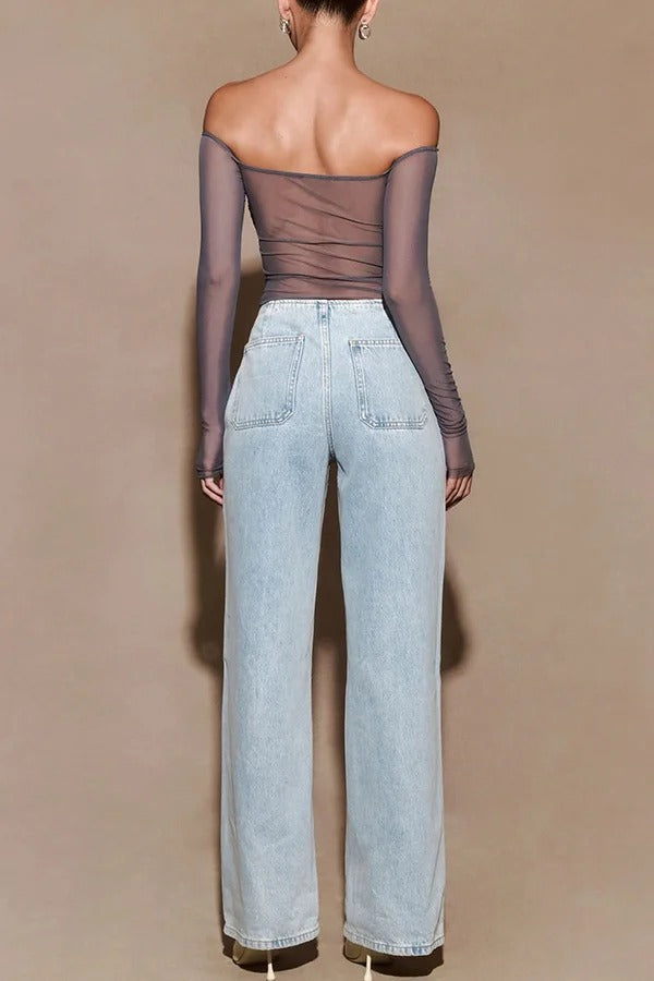 Garcelle Mesh Twist Sequin Bardot Neck Long Sleeve Stretch Top