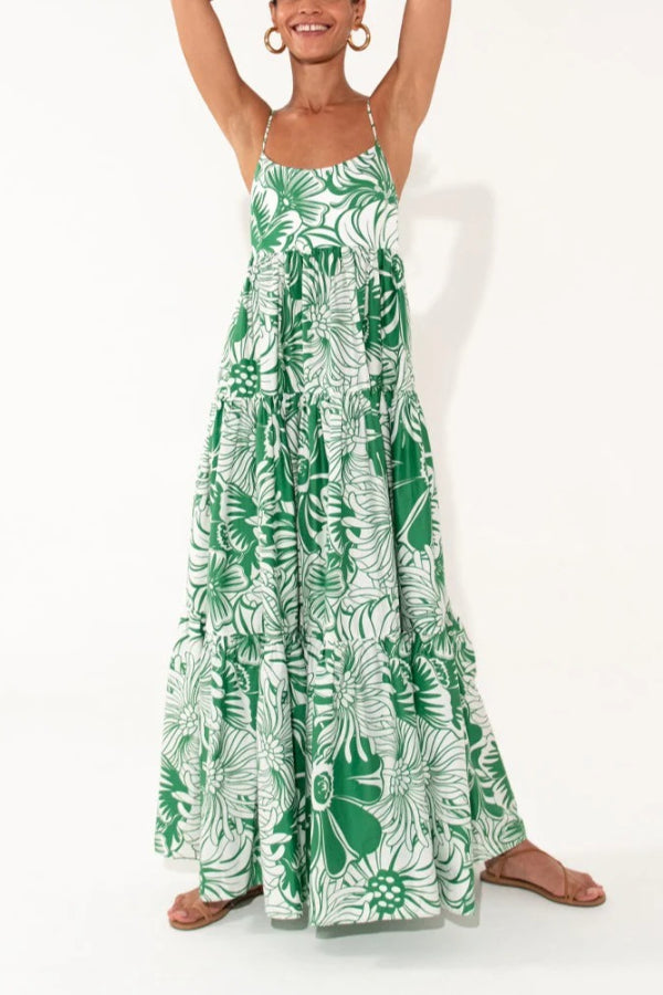 Botanical Floral Print Sexy Sling Backless Maxi Dress