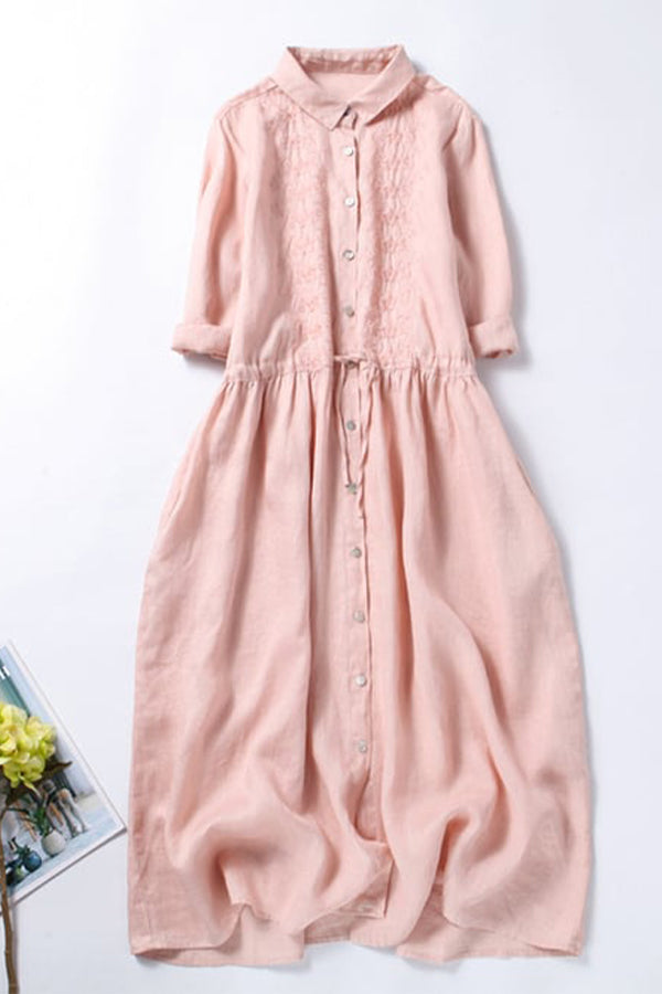 3/4 Sleeves Cotton Linen Loose And Slim Embroidered Dress