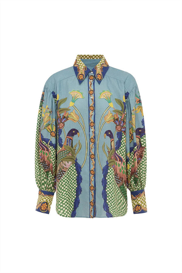 SUN SEEKING UNIQUE HEAVEN BIRD PRINT BALLOON SLEEVE BUTTON LOOSE SHIRT