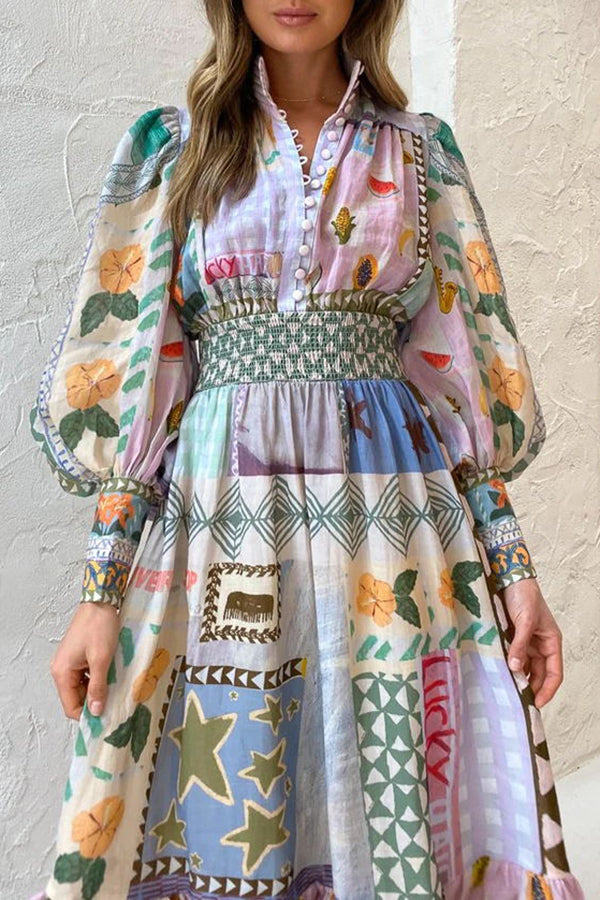 Playfully Chic Unique Print Balloon Sleeve Smocked Waist Shirt Midi Dress