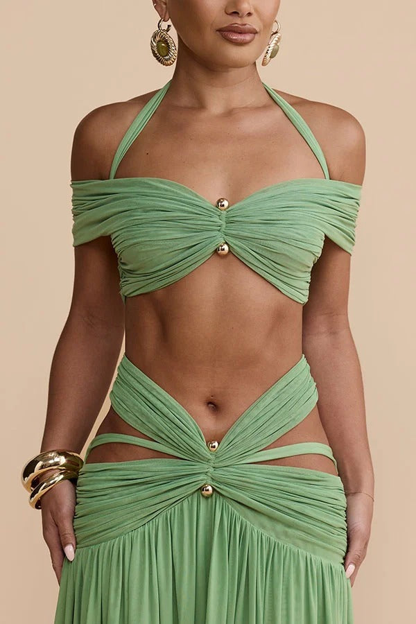 Martina Stretch Mesh Gold Metal Detail Gathered Sweetheart Crop Halter Vacation Tank