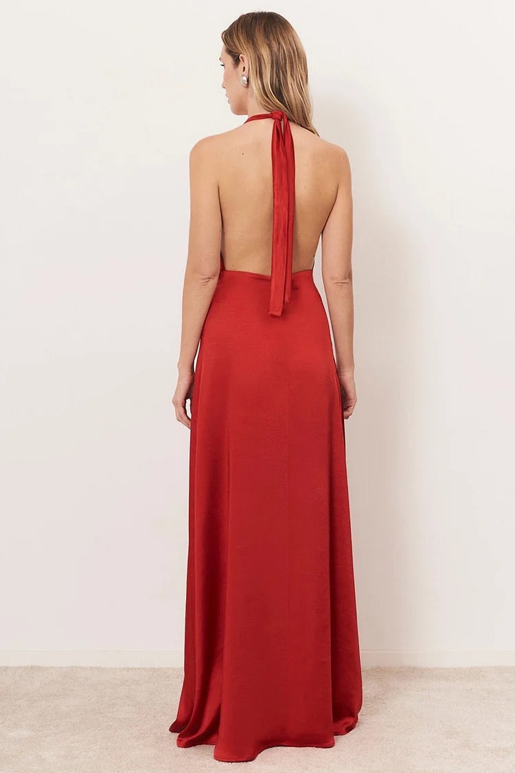 Cowl Neck Backless Slim Fit Evening Gowns Satin Maxi Dresses-Red