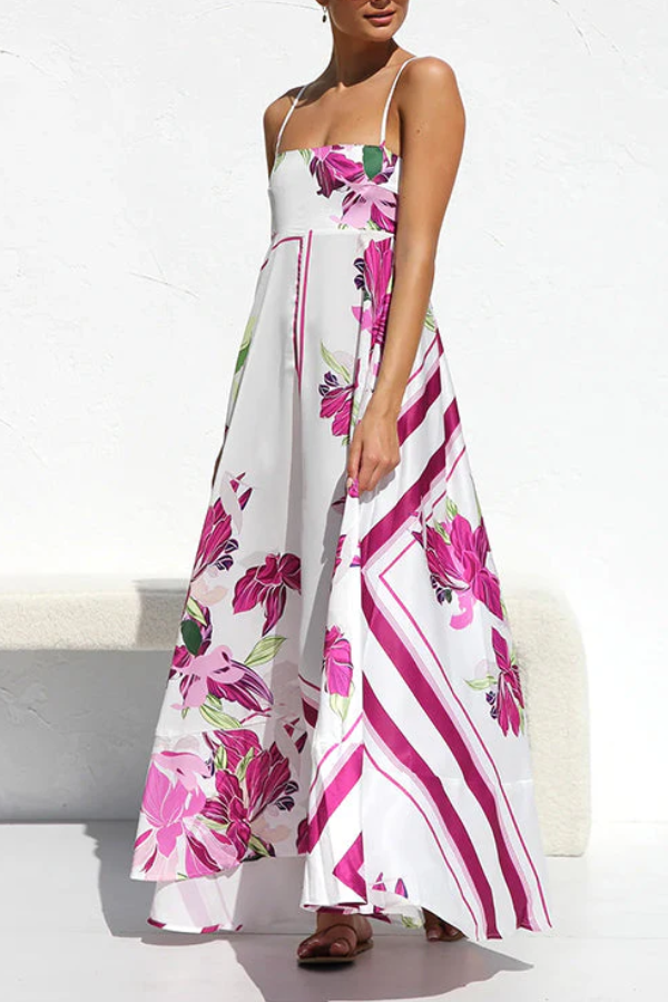 Spaghetti Strap High Waist Floral Print Swing Maxi Vacation Dress