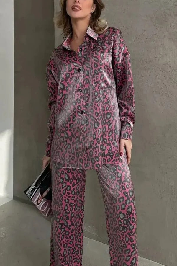 Leopard Print Long-sleeved Casual Top and Loose Elastic Waist Tie Pants Set