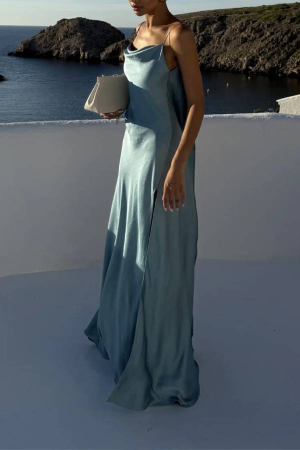 Flowing Elegance Satin Draped Neck Backless Ruffle Slit Maxi Dress