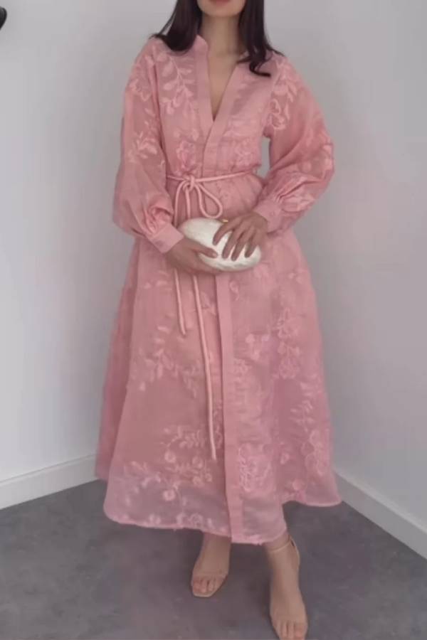 Fantasy Jacquard Long Sleeve Button Dress