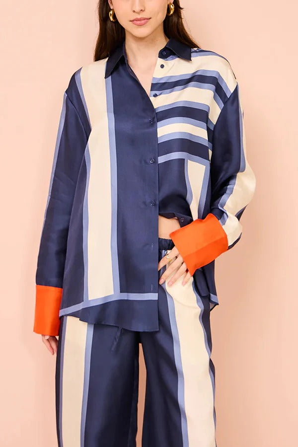 Conceptually Chic Satin Geometric Print Button Long Sleeve Oversized Shirt